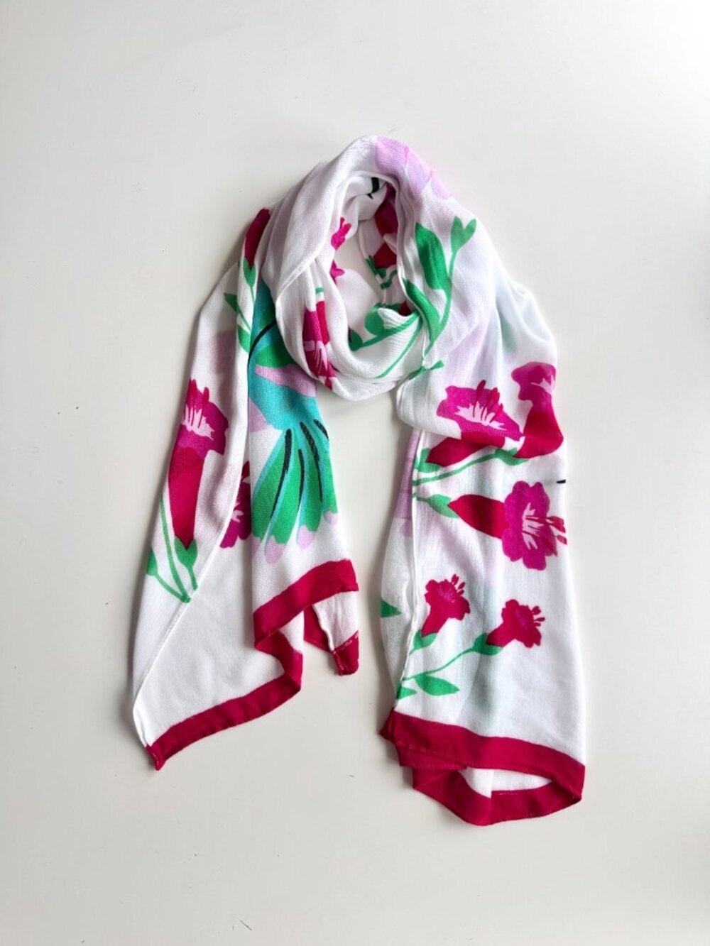 KATE SPADE White Pink Turquoise Floral Hummingbird Printed Viscose Oblong Scarf